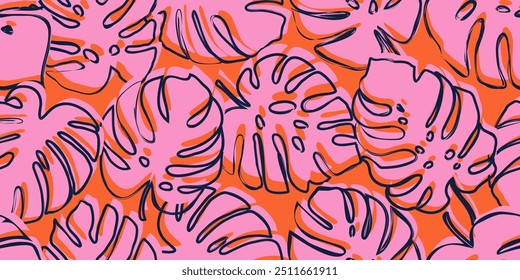 Monstera leaves seamless pattern, hand drawn tropical style, spring and Summer time, natural ornaments for textile, fabric, wallpaper, cover, banner, home decor, background.