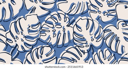 Monstera leaves seamless pattern, hand drawn tropical style, spring and Summer time, natural ornaments for textile, fabric, wallpaper, cover, banner, home decor, background.