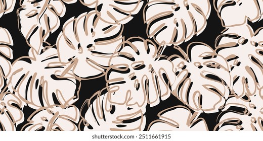 Monstera deixa padrão sem costura, estilo tropical desenhado à mão, primavera e verão tempo, ornamentos naturais para têxtil, tecido, papel de parede, capa, banner, decoração de casa, fundo.
