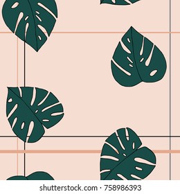 Monstera leaves seamless pattern. Hand drawn vector illustration. Minimalism style background