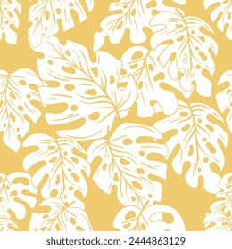 Monstera leaves seamless pattern isolated in yellow background. Botanical summer leaves background.