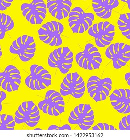 Monstera leaves seamless pattern on yellow background. Nature concept. Tropical plant. Vector image
