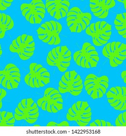Monstera leaves seamless pattern on blue background. Nature concept. Tropical plant. Vector image