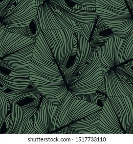 Monstera leaves seamless pattern on black background. Tropical pattern, botanical leaf backdrop. Trendy design for fabric, textile print, wrapping paper. Vector illustration