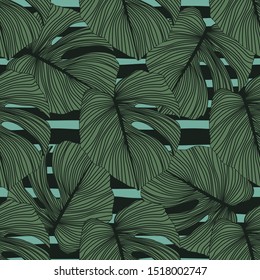 Monstera leaves seamless pattern on stripes background. Tropical pattern, botanical leaf backdrop. Trendy design for fabric, textile print, wrapping paper. Vector illustration