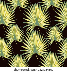 Monstera leaves seamless pattern on black background. Modern exotic plant wallpaper. Tropical palm leaves pattern, botanical background. Trendy fabric design. Vector illustration