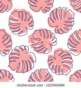 Monstera leaves seamless pattern in outline style. Modern botanical leaf backdrop. Design for fabric, textile print, wrapping paper. Vector illustration