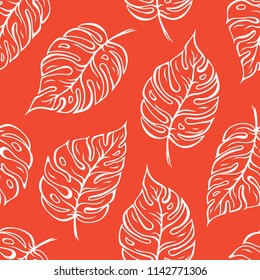 Monstera leaves seamless pattern over red background. Vector illustration