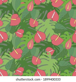 Monstera leaves seamless pattern red anthurium. Jungle botany green background for web, for print, for wallpaper
