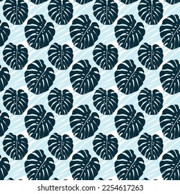Monstera leaves seamless pattern for textile or wallpapers. Vector tropical blue leaves background 