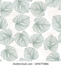 Monstera leaves seamless pattern. Tropical pattern, botanical leaf on white background. Trendy design for fabric, textile print, wrapping paper. Vector illustration