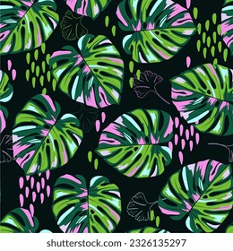 Monstera leaves seamless patterns for fabric, textiles, clothing, wrapping paper, cover, banner, interior decor, retro abstract backgrounds. Pink and green colors