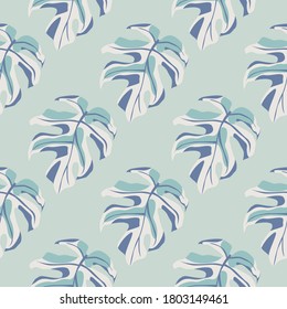 Monstera leaves silhouette seamless pattern. Exotic branches and background in light blue palette. Decorative backdrop for wallpaper, textile, wrapping paper, fabric print. Vector illustration.