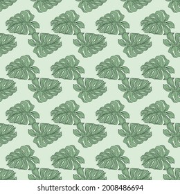 Monstera leaves silhouette seamless pattern on light green background. Geometric summer tropic foliage backdrop. Design for fabric, textile print, wrapping paper. Vector illustration