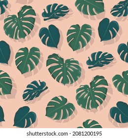 Monstera leaves silhouette with shadows pattern on trendy coral background. Flat illustration style for wrapping paper, wallpaper, fabric, textile