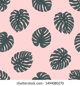 Monstera leaves sketchy seamless pattern. Exotic foliage green and pink illustration. Tropical leafage background. Minimalist botanical textile, wallpaper design