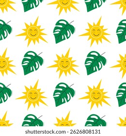 Monstera leaves and sun seamless pattern. Summer positive background with smiling sun. Cute mood vacation print, vector graphic