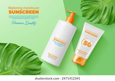 Hojas de Monstera y crema de protección solar top view maqueta. Vector promo fondo con botellas junto a las hojas tropicales, promoviendo la protección ecológica, natural, segura y rica en humedad contra los rayos uv