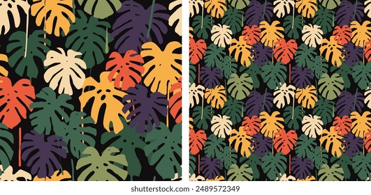Monstera Leaves Tropical Botanical Colorful Seamless Pattern Vector Illustration