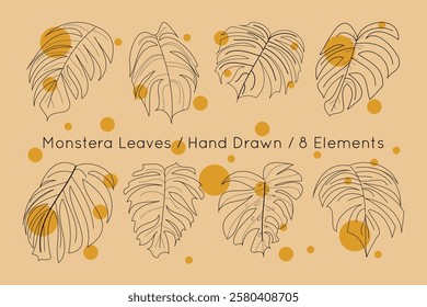 Monstera leaves tropical exotic stroke line element isolated design collection