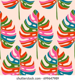 Monstera leaves, tropical floral seamless pattern. Colorful vector illustration.