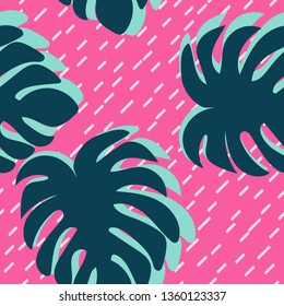 Monstera Leaves Tropical Pattern. Floral seamless pattern with monstera leaves. Line Background.