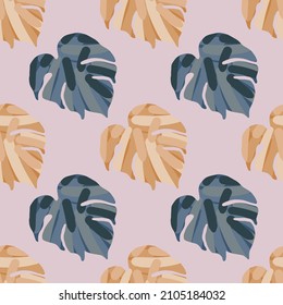 Monstera hinterlässt ein nahtloses tropisches Muster. Endlose Tapete aus Palmblättern. Regenwaldhintergrund. Exotische hawaiianische Dschungelhintergrund. Kreatives Design für Gewebe, Stoffdruck, Umhüllung, Deckel