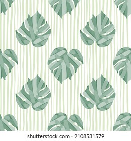 Monstera hinterlässt ein nahtloses tropisches Muster. Endlose Tapete aus Palmblättern. Regenwaldhintergrund. Exotische hawaiianische Dschungelhintergrund. Kreatives Design für Gewebe, Stoffdruck, Umhüllung, Deckel