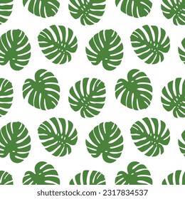Monstera hinterlässt tropisches nahtloses Muster einzeln auf weißem Hintergrund. Handgezeichnetes Vektor-Doodle-Muster. Dekoratives Sommerdesign für Textilien, Mode. Grüner botanischer Hintergrund