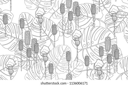 Monstera leaves and tumeric exotic flowers composition. Vector illustration. Botanical seamless wallpaper. Digital nature art. Cartoon style sketch. White background.