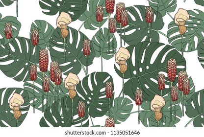 Monstera leaves and tumeric flowers. Big leaves and exotic flowers composition. Vector illustration. Botanical seamless wallpaper. Digital nature art. Cartoon style sketch. White background.