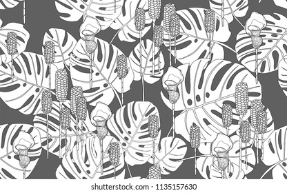 Monstera leaves and tumeric flowers. Big leaves and exotic flowers composition. Vector illustration. Botanical seamless wallpaper. Digital nature art. Cartoon style sketch. Grey background.