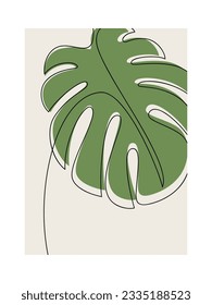 Monstera leaves vector poster. House plant leaf line continuous drawing. Hand drawn abstract illustration. Outline floral silhouette. Minimal design, botanical print, banner, card, wall art, logo.