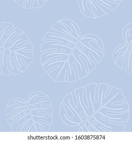 Monstera leaves vector seamless pattern on blue background. Collection of tropical leaves, print for logo, clothes, cloth, textile, swimwear, fabric, fashion, paper. Cute and bright summer background.