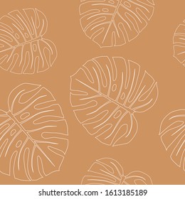 Monstera leaves vector seamless pattern on beige background. Collection of tropical leaves, print for logo, clothes,cloth,textile, swimwear, fabric, fashion, paper. Cute and bright summer background.