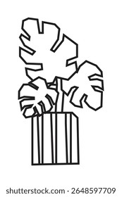 Monstera Leaves in Vertical Pot Black Outline Drawing