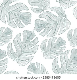 Monstera leaves wallpaper background. Monstera leaf elements in green line artwork. Vector illustration monstera line artwork.

