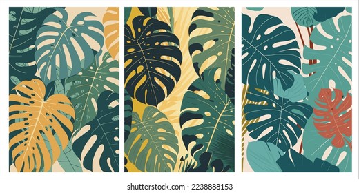 monstera leaves wallpaper Tropical jungle plant nature background vector flat color style illustration