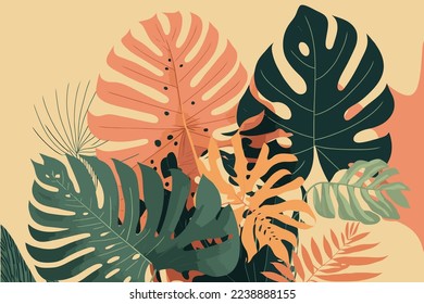 monstera leaves wallpaper Tropical jungle plant nature background vector flat color style illustration