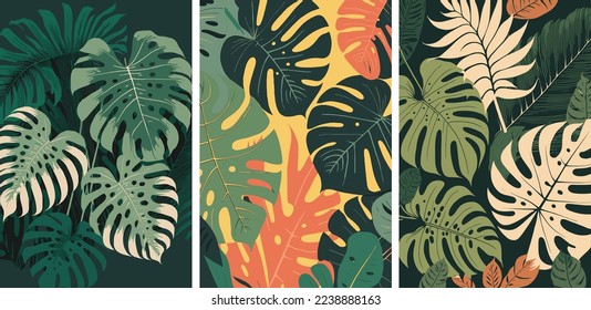 monstera leaves wallpaper Tropical jungle plant nature background vector flat color style illustration