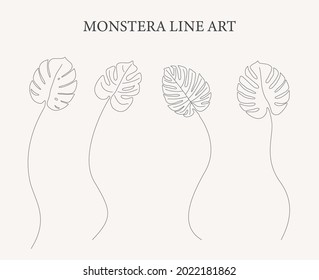 Monstera Line Art, Tropical Leaf drawing, continuous line. Vector Illustration