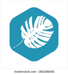 Monstera list icon. White leaf of a tropical plant on a blue hexagon background. Vector illustration isolated on a white background for design and web.