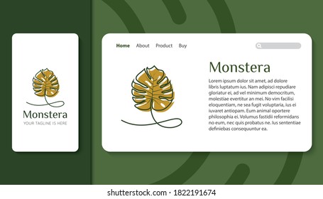 logotipo e icono de monstera con aplicación móvil y plantilla de página de inicio ilustración vectorial
