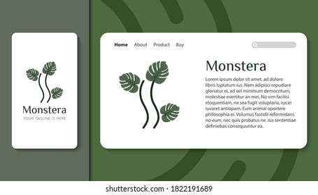 Monstera-Logo und -Symbol mit mobiler App und Landing-Page-Vorlage, Vektorgrafik