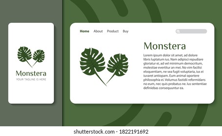 monstera logo and icon with mobile app and landing page template vector illustration