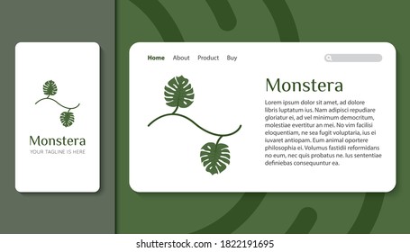 monstera logo and icon with mobile app and landing page template vector illustration