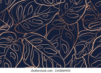 Monstera monkey mask leaves seamless pattern texture. Exotic tropical jungle forest. Copper gold shiny glow outline. Navy dark blue background. Vector design illustration for fashion, fabric, textile.