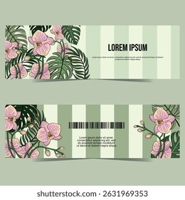Monstera, palm branches and orchid tropical exotic flora outline drawing poster banner in green. Hawaiian nature botanical leaves decoration plant card poster banner