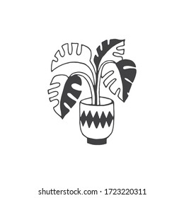 Monstera palm in ceramic pot- handdrawn vector doodle illustration  isolated on white background. Modern home element, hygge style, scandinavian interior. Monochrome drawing.