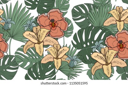 Monstera, palm and hawaiian flowers. Big leaves and exotic flowers composition. Vector illustration. Botanical seamless wallpaper. Digital nature art. Cartoon style sketch. White background.